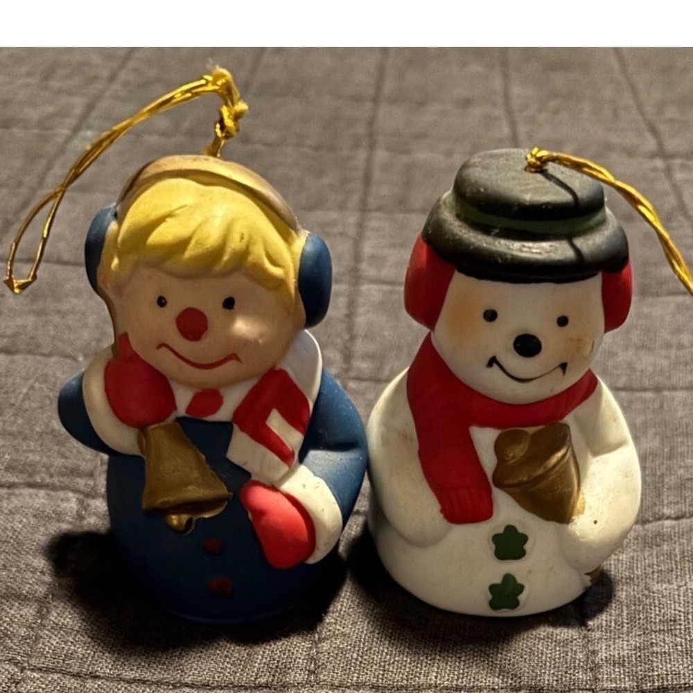 Giftco Christmas Bell Ornaments Boy and Snowman Holiday Decor 1985 Vintage